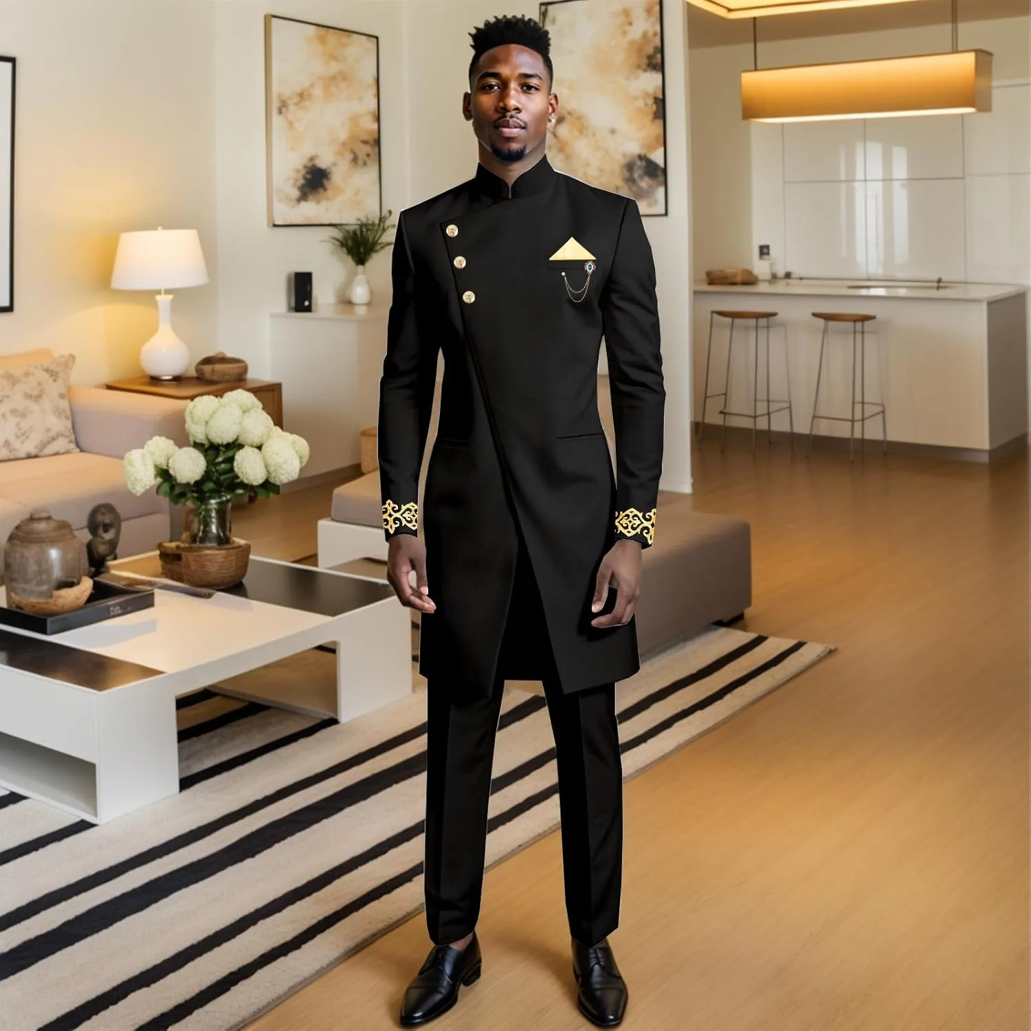 African Clothes for Men Regular Fit Embroidery Brooch Kerchief Blazer and Pants Linen Suits Set