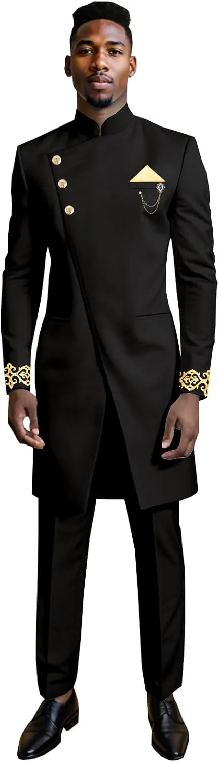 African Clothes for Men Regular Fit Embroidery Brooch Kerchief Blazer and Pants Linen Suits Set