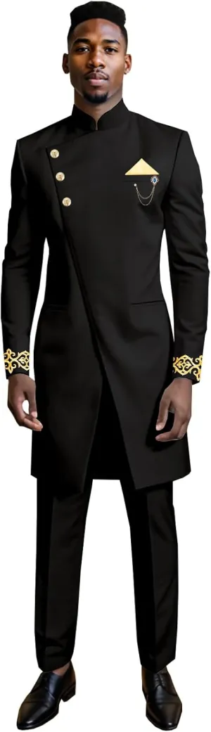 African Clothes for Men Regular Fit Embroidery Brooch Kerchief Blazer and Pants Linen Suits Set