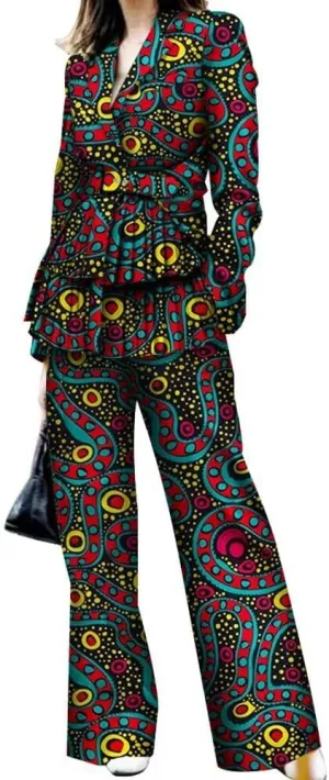 African Print Business Women Blazer and Wide Leg Pant 2pcs