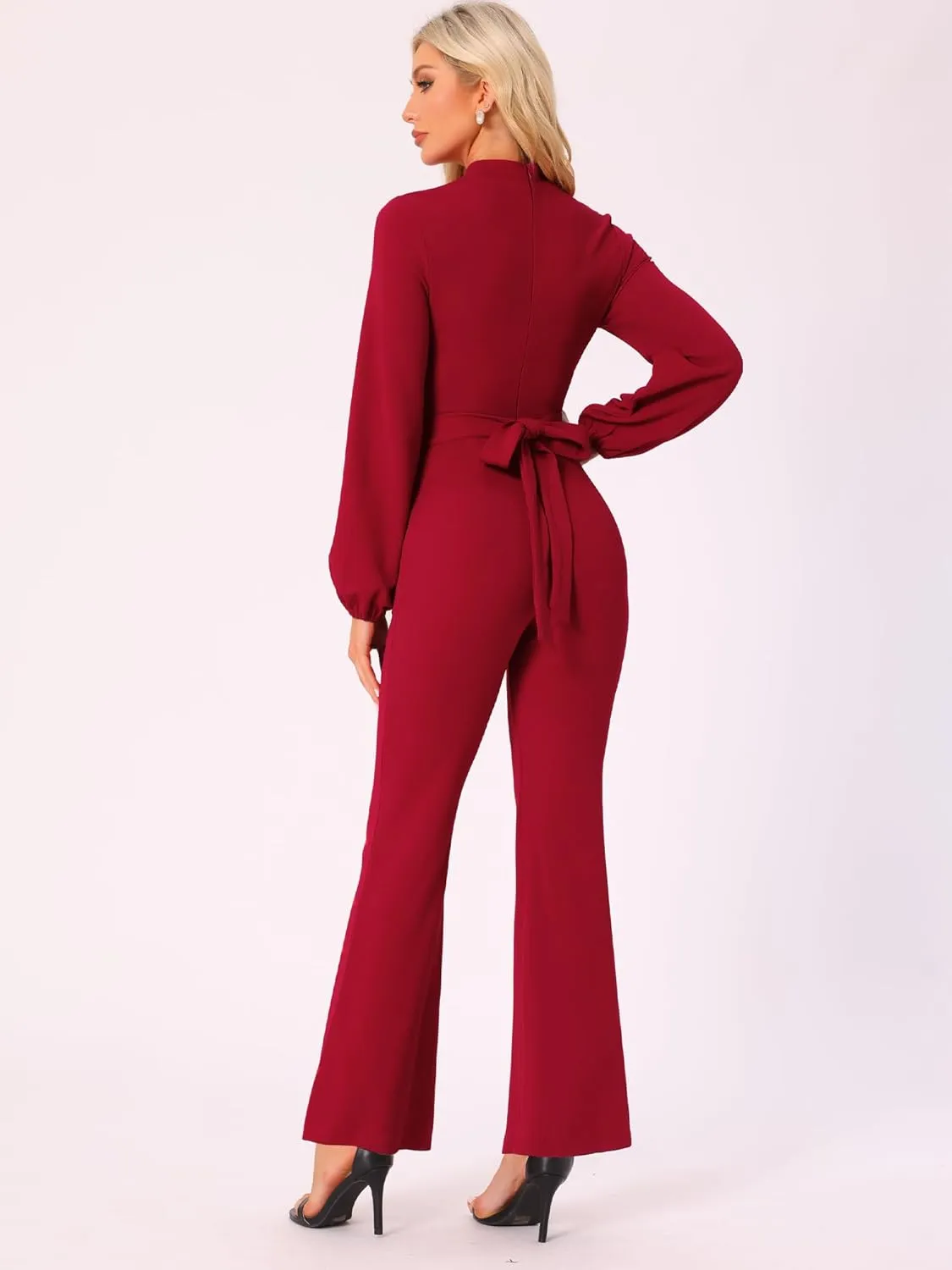 Allegra K Dressy Jumpsuits for Women's Long Sleeve High Waist Elegant Party Bell Bottom Pants Jumpsuit