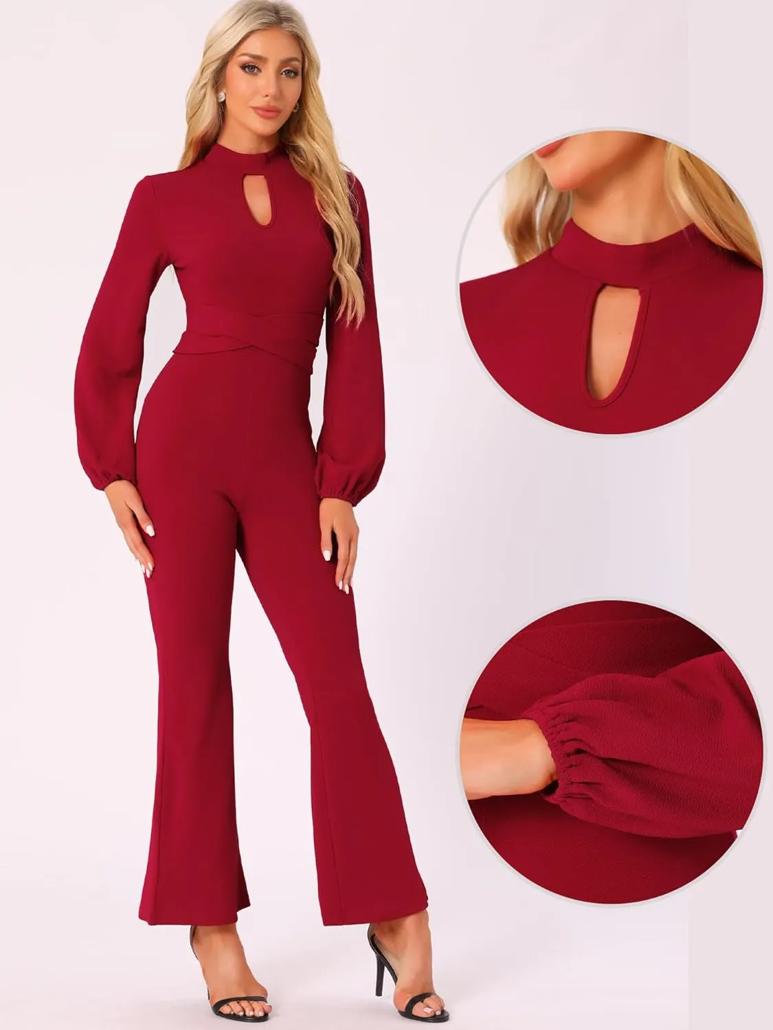 Allegra K Dressy Jumpsuits for Women's Long Sleeve High Waist Elegant Party Bell Bottom Pants Jumpsuit