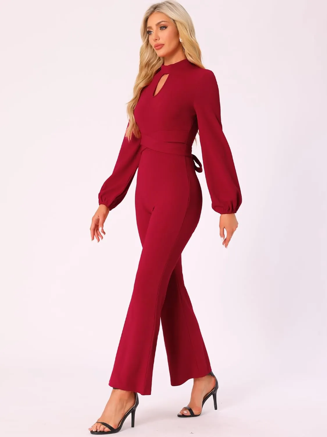 Allegra K Dressy Jumpsuits for Women's Long Sleeve High Waist Elegant Party Bell Bottom Pants Jumpsuit