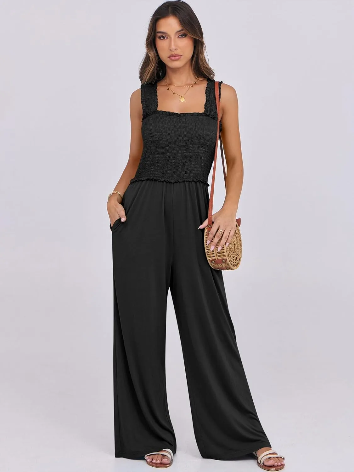 ANRABESS Womens Casual Summer Jumpsuits Smocked Sleeveless Wide Leg Long Romper Jumpers 2025 Beach Vacation Outfits