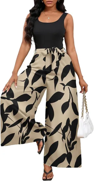 Bdwinz Women Casual Loose Summer Jumpsuit One Piece Print Outfits Sleeveless Wide Leg Pants