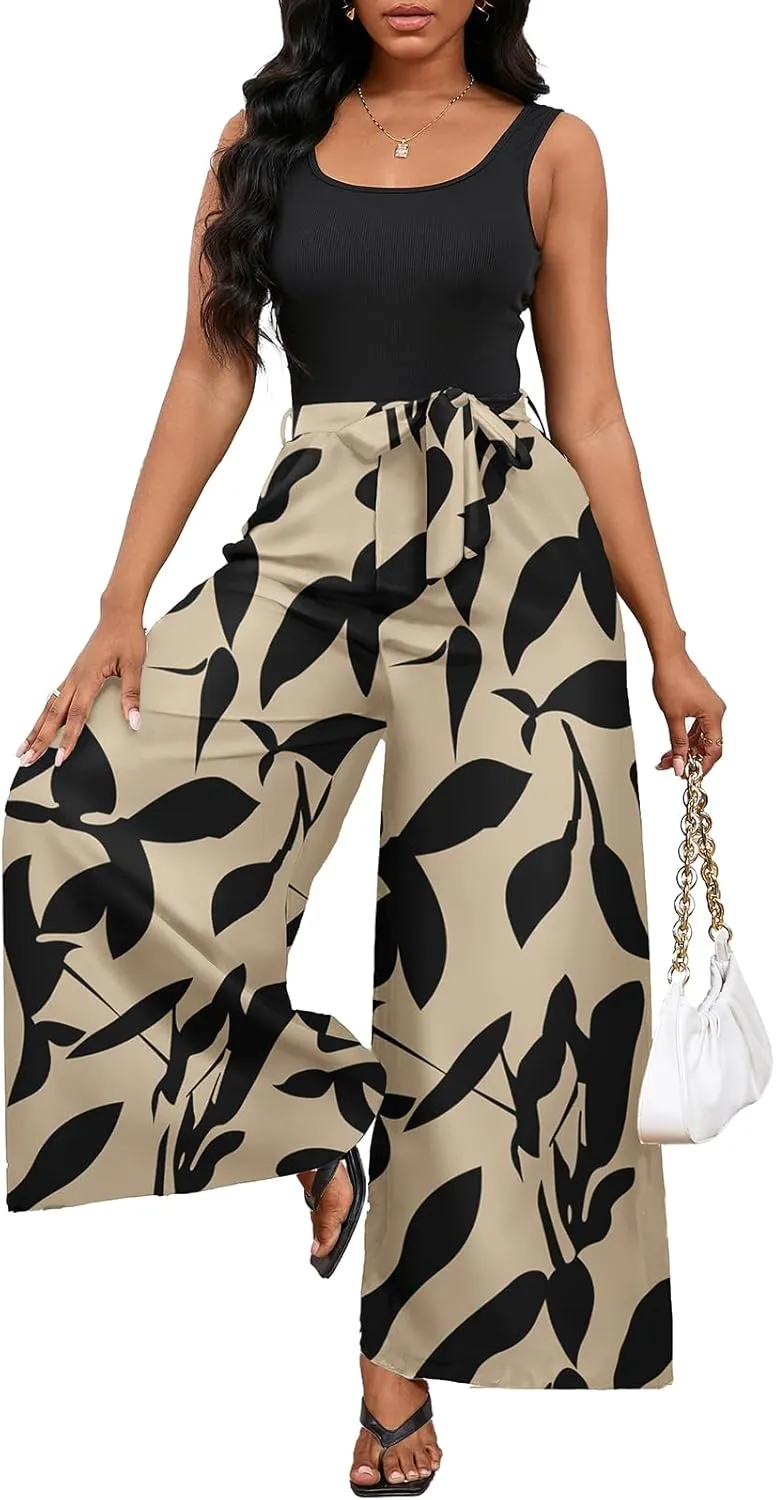 Bdwinz Women Casual Loose Summer Jumpsuit One Piece Print Outfits Sleeveless Wide Leg Pants