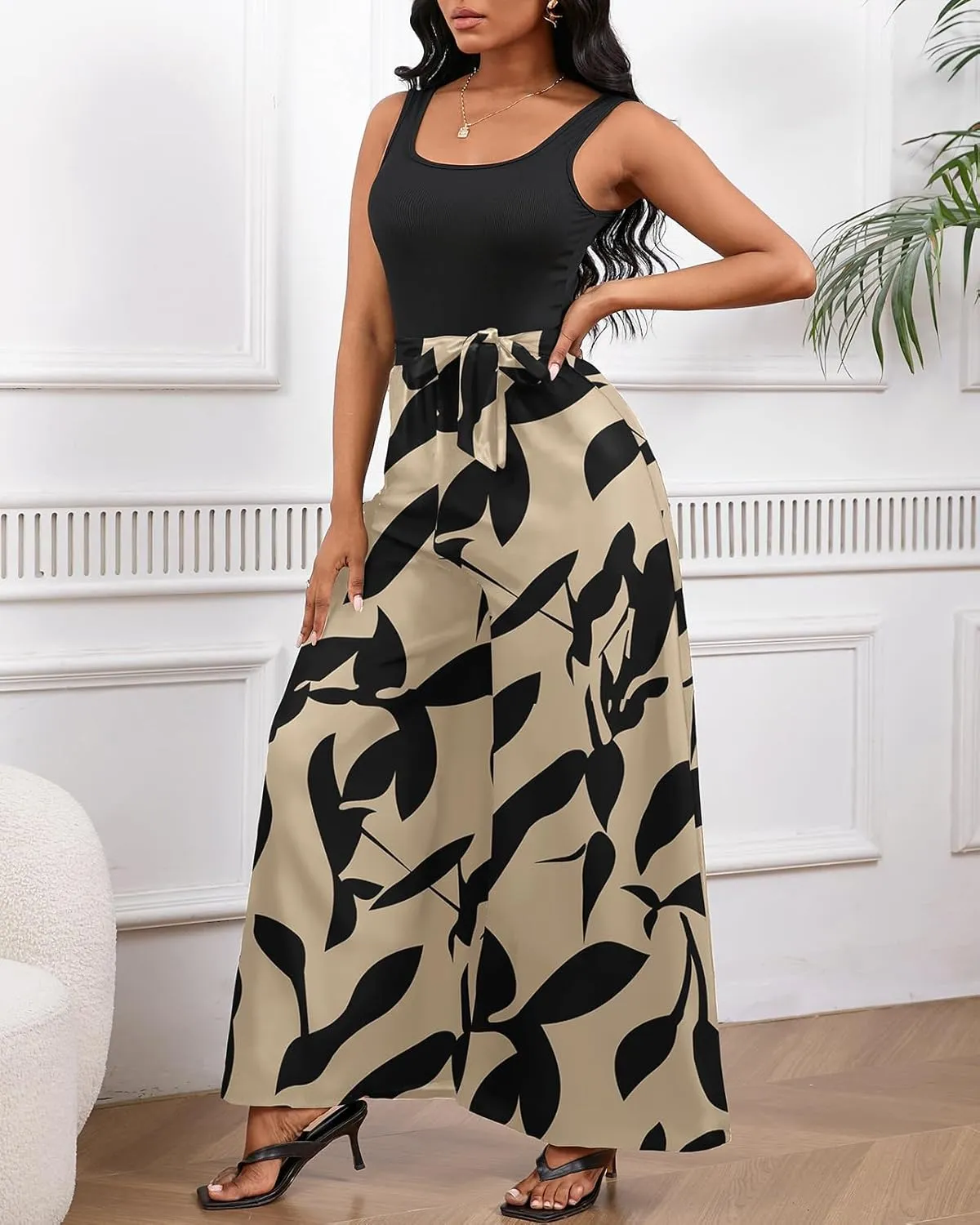 Bdwinz Women Casual Loose Summer Jumpsuit One Piece Print Outfits Sleeveless Wide Leg Pants