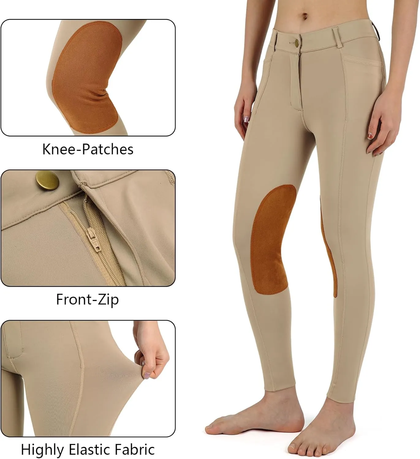 beroy Kids Horse Riding Knee-Patches Pants Girls Equestrian Front-Zip Breeches Legging with Pockets