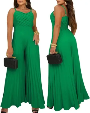 CHICME Womens V Neck Spaghetti Strap Jumpsuits Wide Leg Pleated Pants Summer Cami Overalls