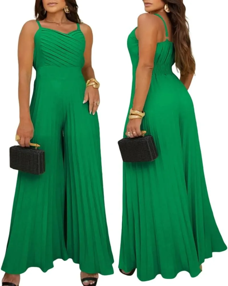 CHICME Womens V Neck Spaghetti Strap Jumpsuits Wide Leg Pleated Pants Summer Cami Overalls