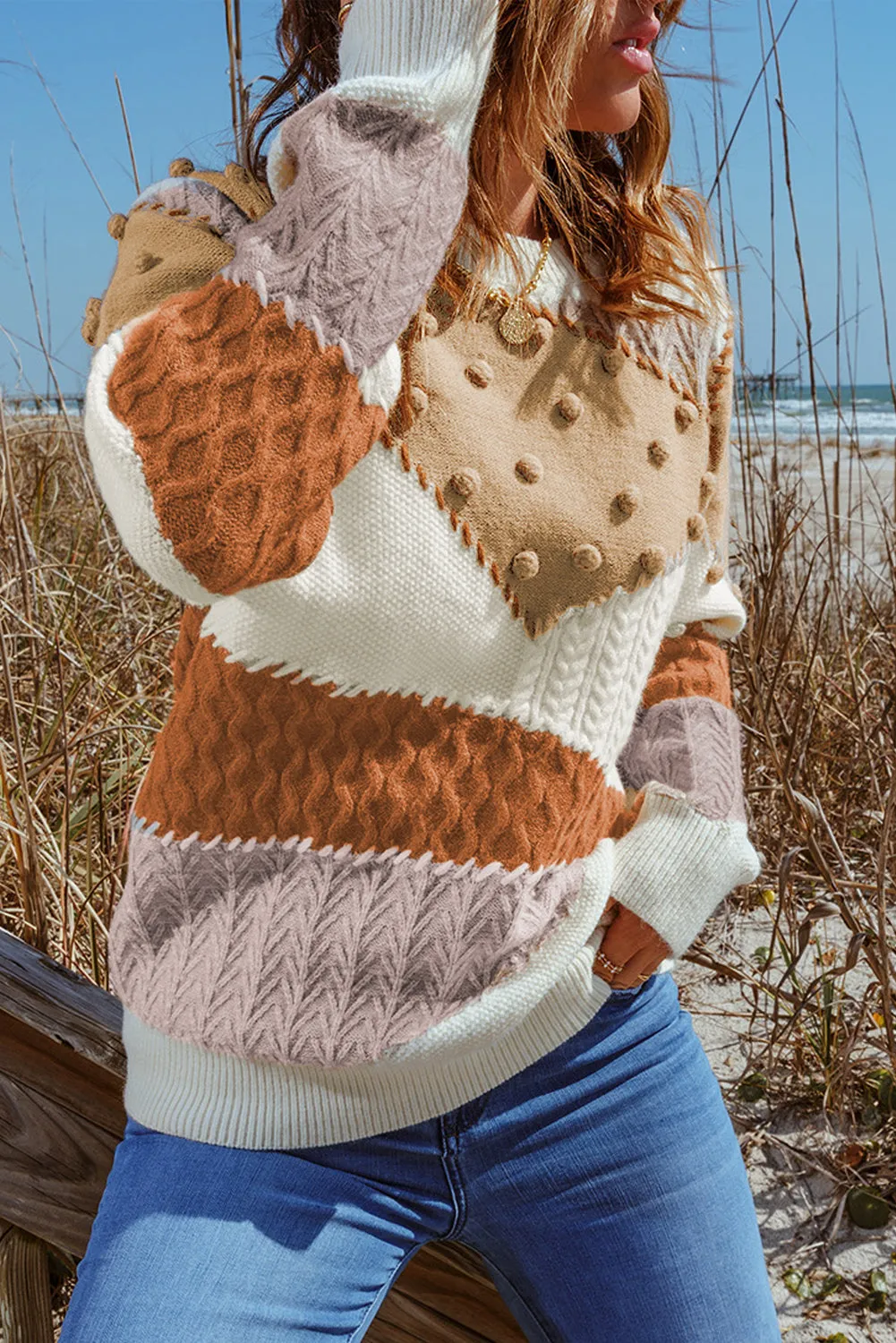 Colorblock Patchwork Pom Pom Knit Sweater