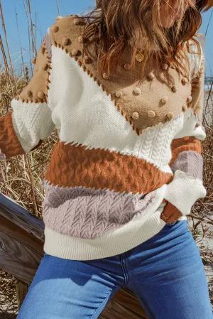 Colorblock Patchwork Pom Pom Knit Sweater