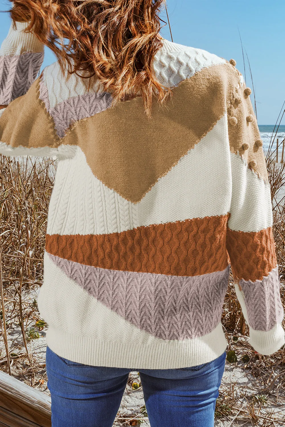Colorblock Patchwork Pom Pom Knit Sweater