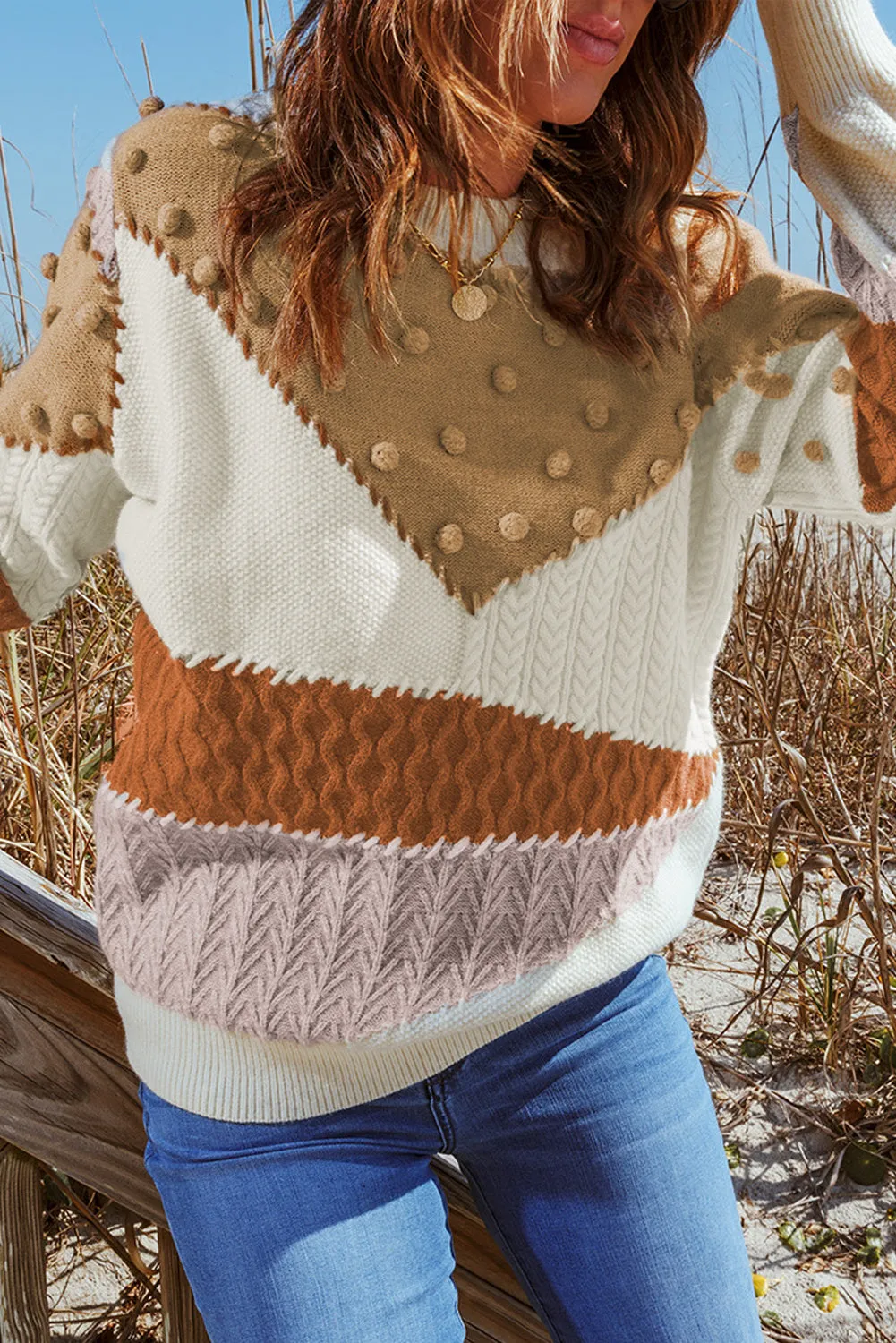 Colorblock Patchwork Pom Pom Knit Sweater