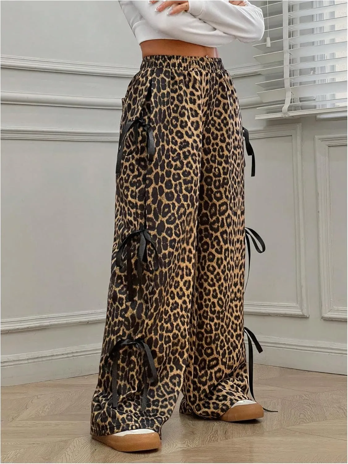 COZYEASE Girl's Leopard Bowknot Y2K Pants Wide Leg Elastic Waist Baggy Trousers with Pockets