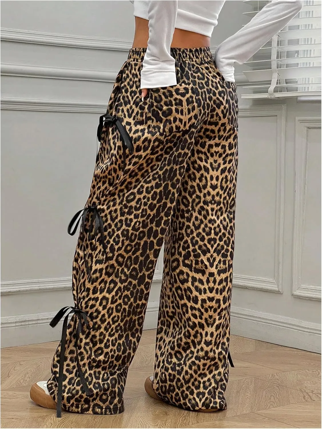 COZYEASE Girl's Leopard Bowknot Y2K Pants Wide Leg Elastic Waist Baggy Trousers with Pockets