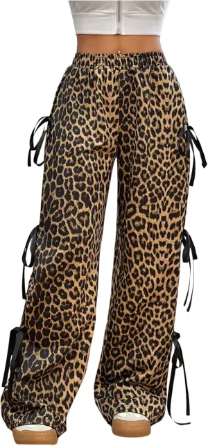 COZYEASE Girl's Leopard Bowknot Y2K Pants Wide Leg Elastic Waist Baggy Trousers with Pockets