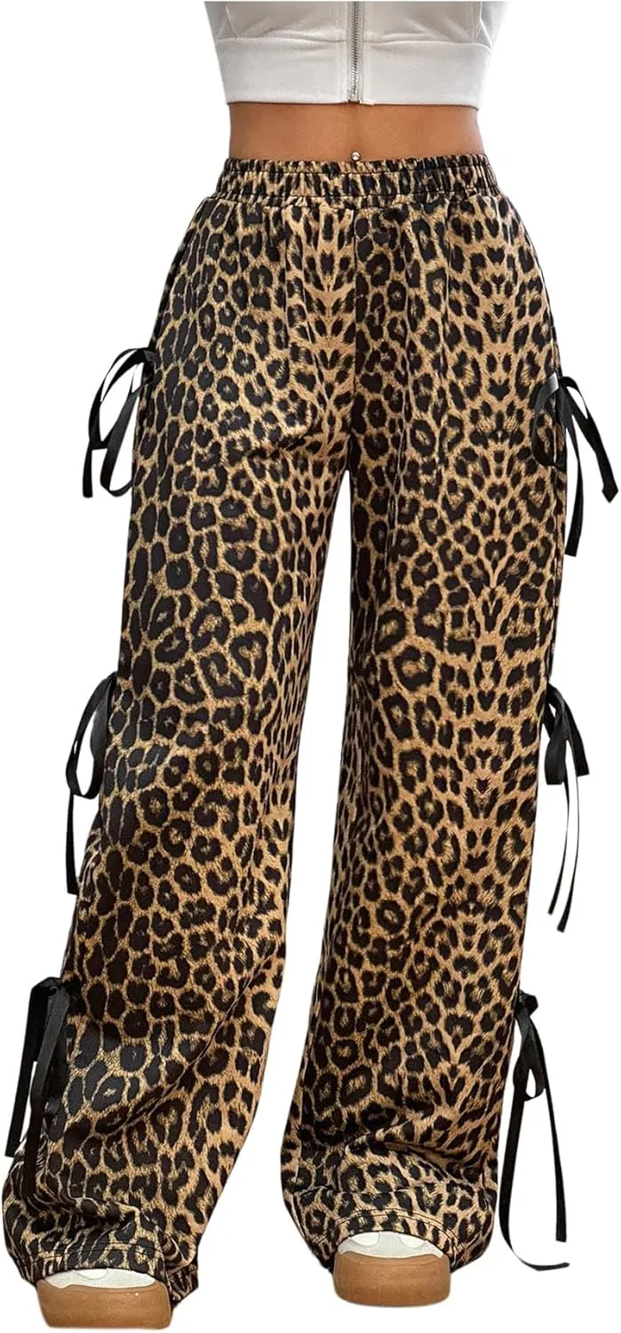 COZYEASE Girl's Leopard Bowknot Y2K Pants Wide Leg Elastic Waist Baggy Trousers with Pockets