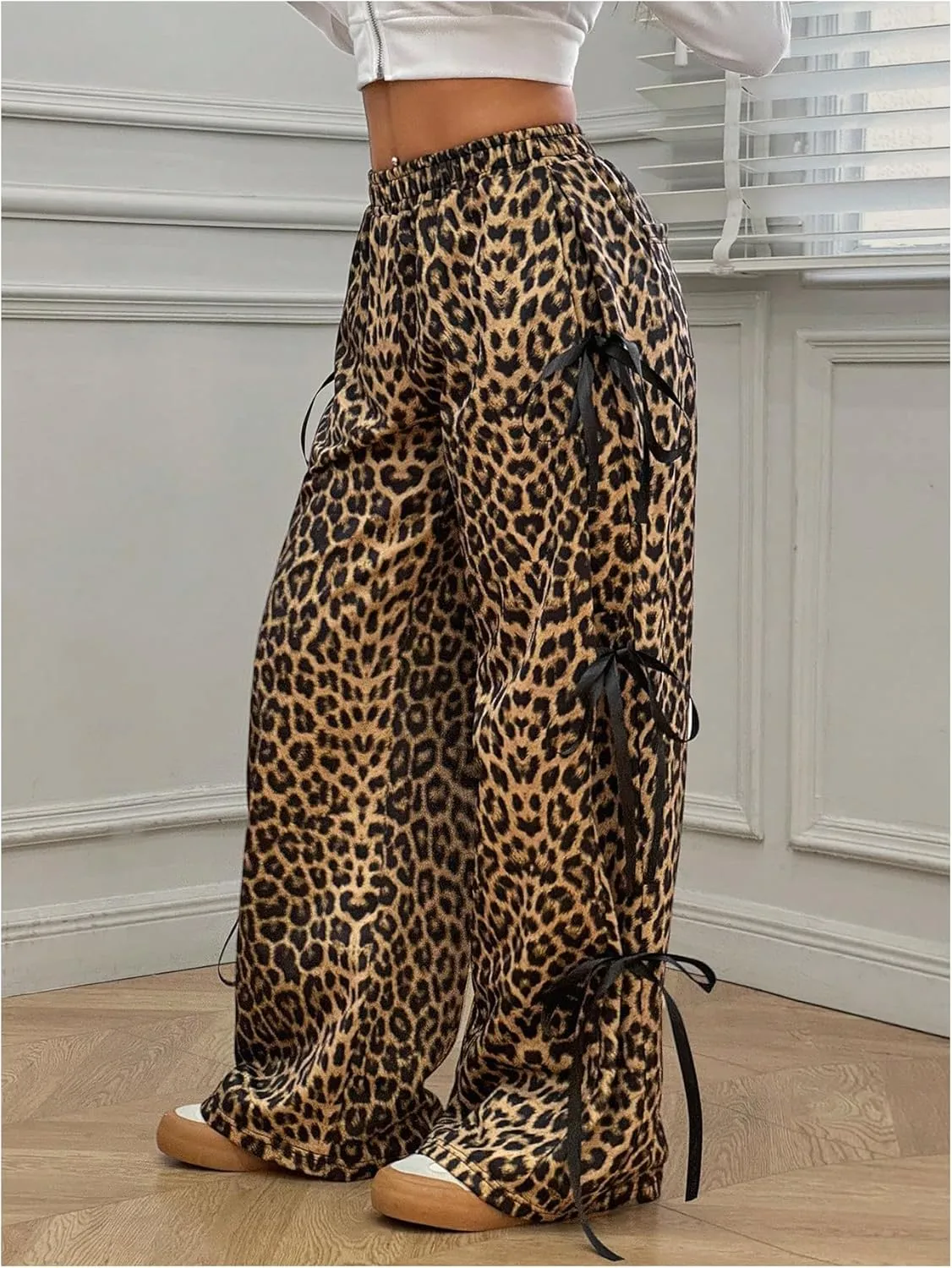 COZYEASE Girl's Leopard Bowknot Y2K Pants Wide Leg Elastic Waist Baggy Trousers with Pockets