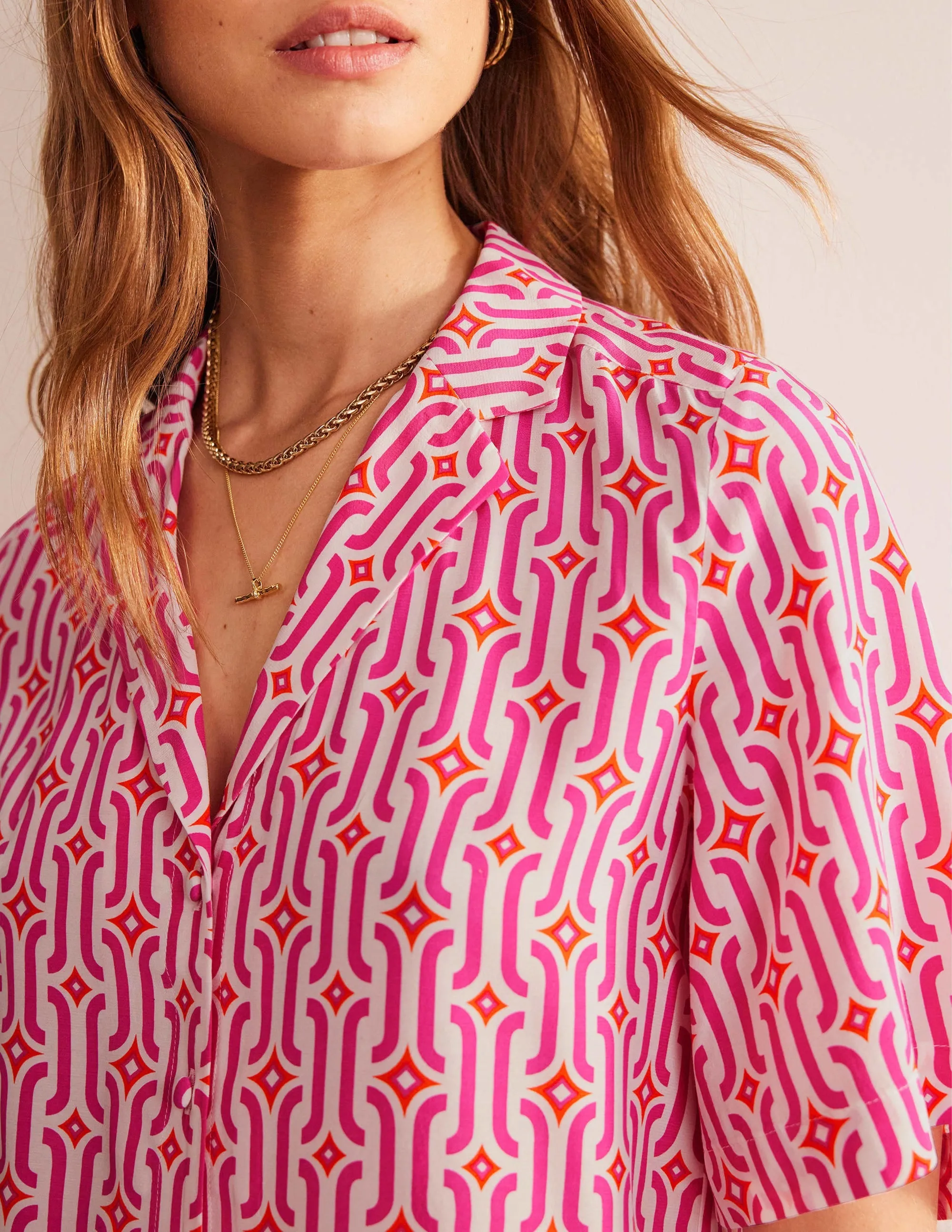 Cropped Revere Shirt-Festival Pink, Azure Geo