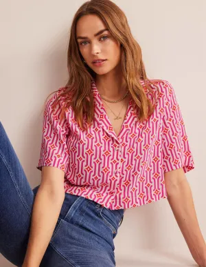 Cropped Revere Shirt-Festival Pink, Azure Geo
