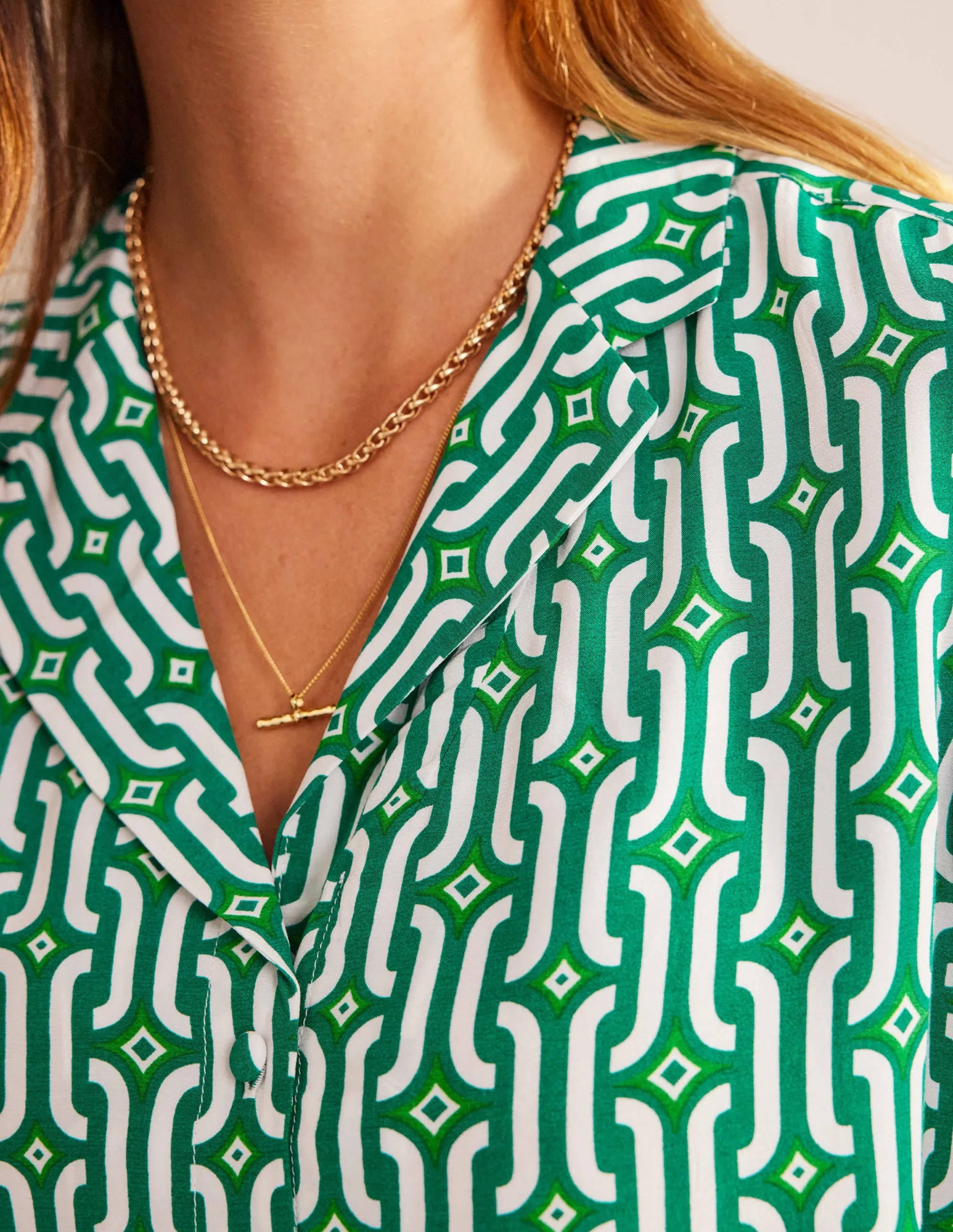 Cropped Revere Shirt-Green, Azure Geo