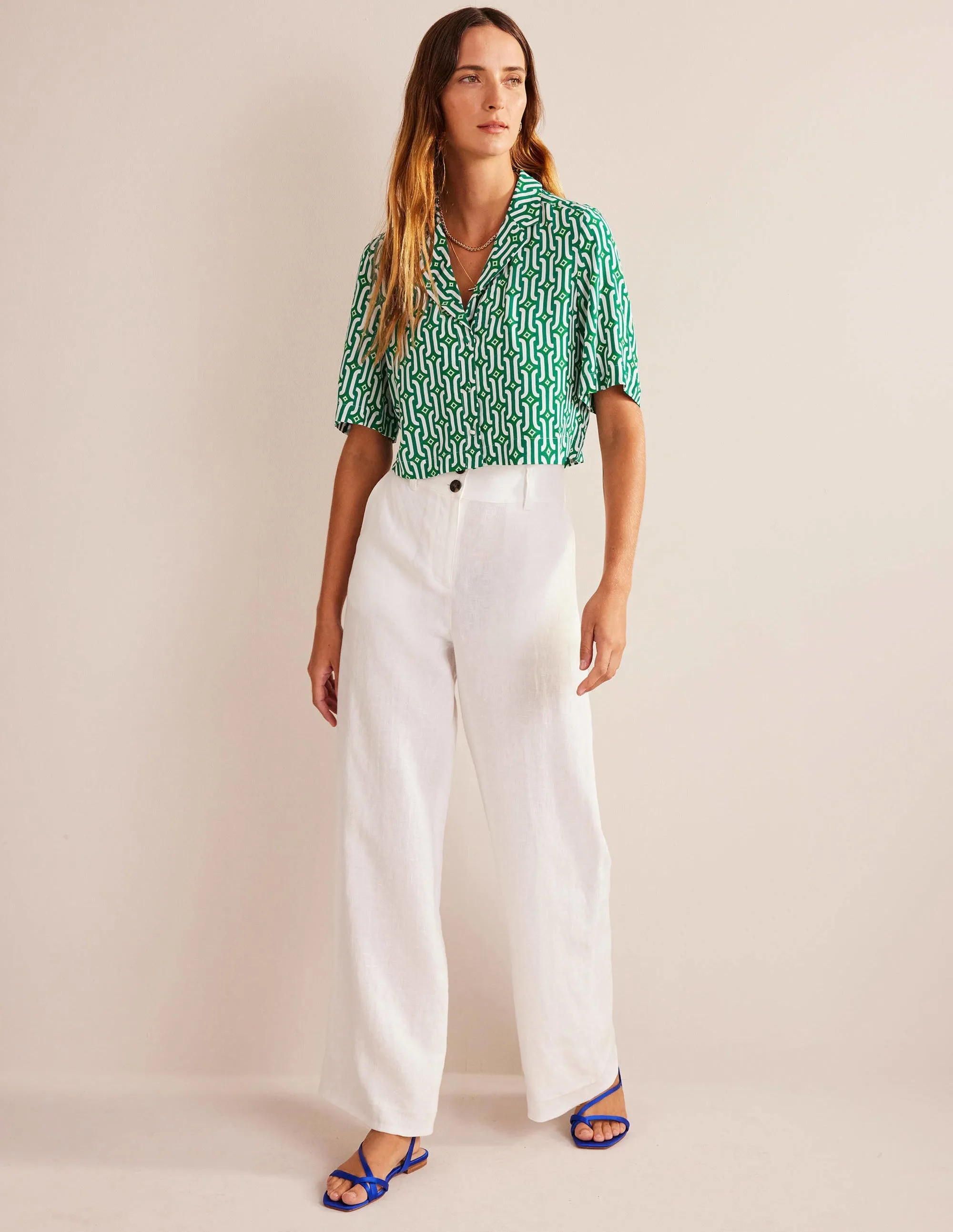 Cropped Revere Shirt-Green, Azure Geo