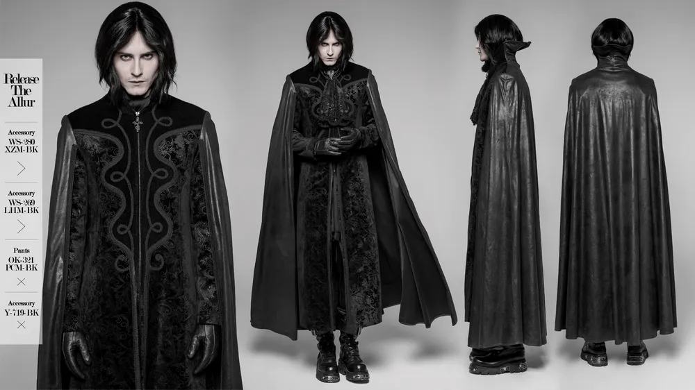 Elegant Gothic Velvet Cloak Coat with Embossed Detail
