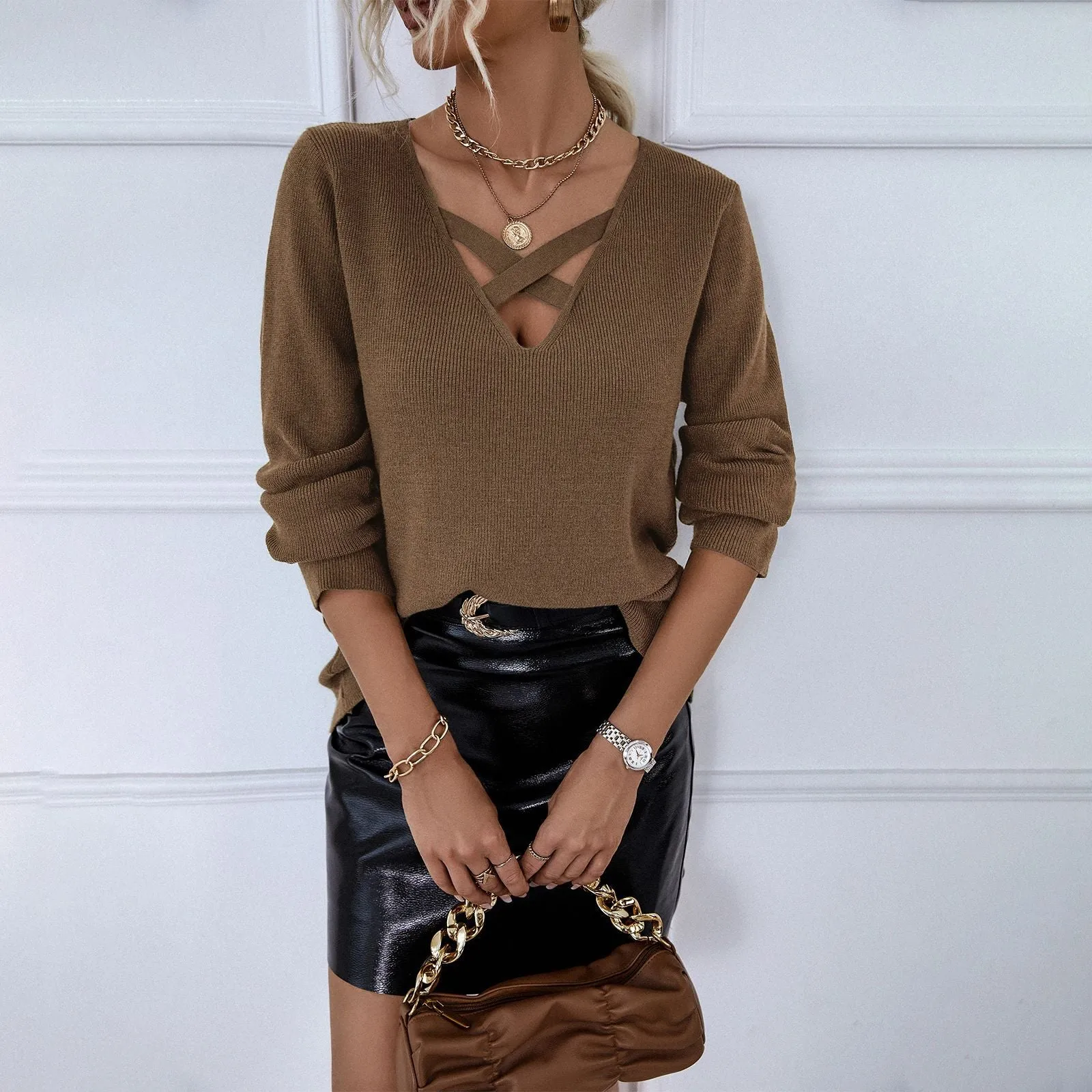 Fashion Solid Color Long Sleeve Hollow V-Neck Warm Sweater Wholesale Womens Tops