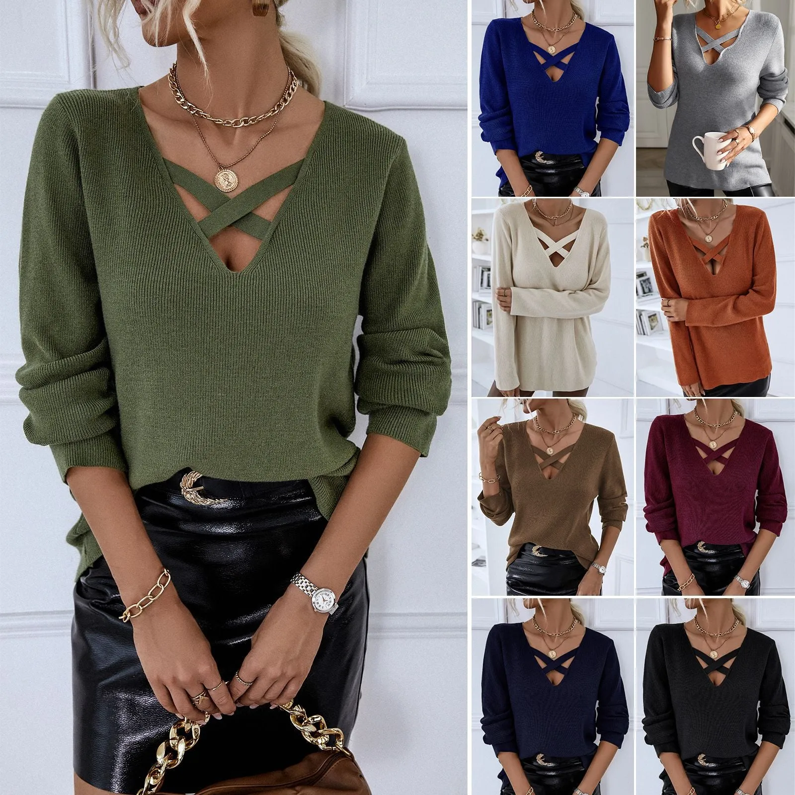 Fashion Solid Color Long Sleeve Hollow V-Neck Warm Sweater Wholesale Womens Tops