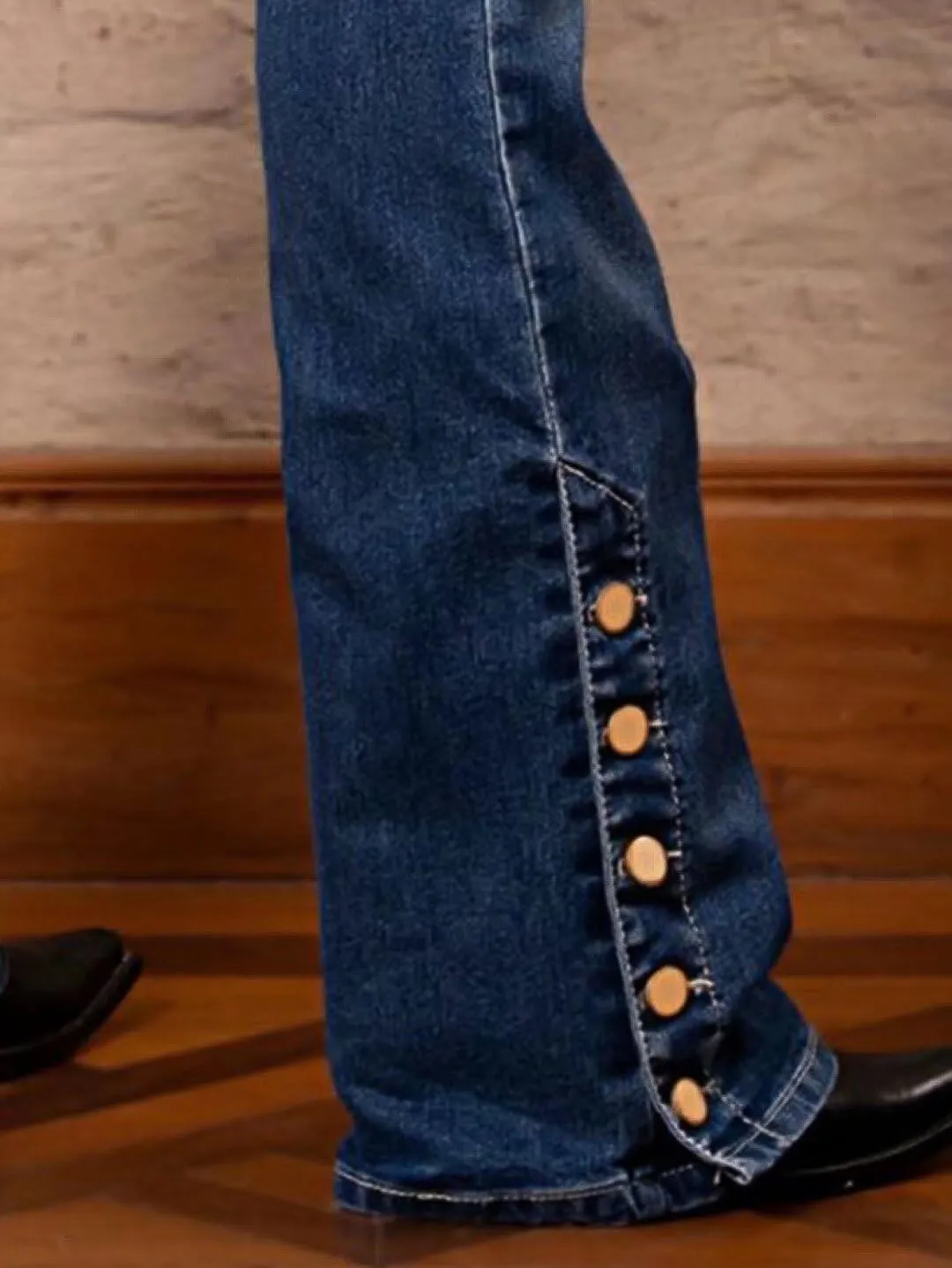 Flamingals Women's Buttoned Hem Bootcut Jeans Without Belt Mid Waist Casual Pants Navy Blue
