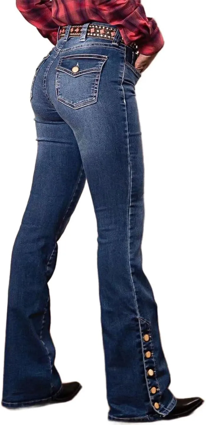 Flamingals Women's Buttoned Hem Bootcut Jeans Without Belt Mid Waist Casual Pants Navy Blue