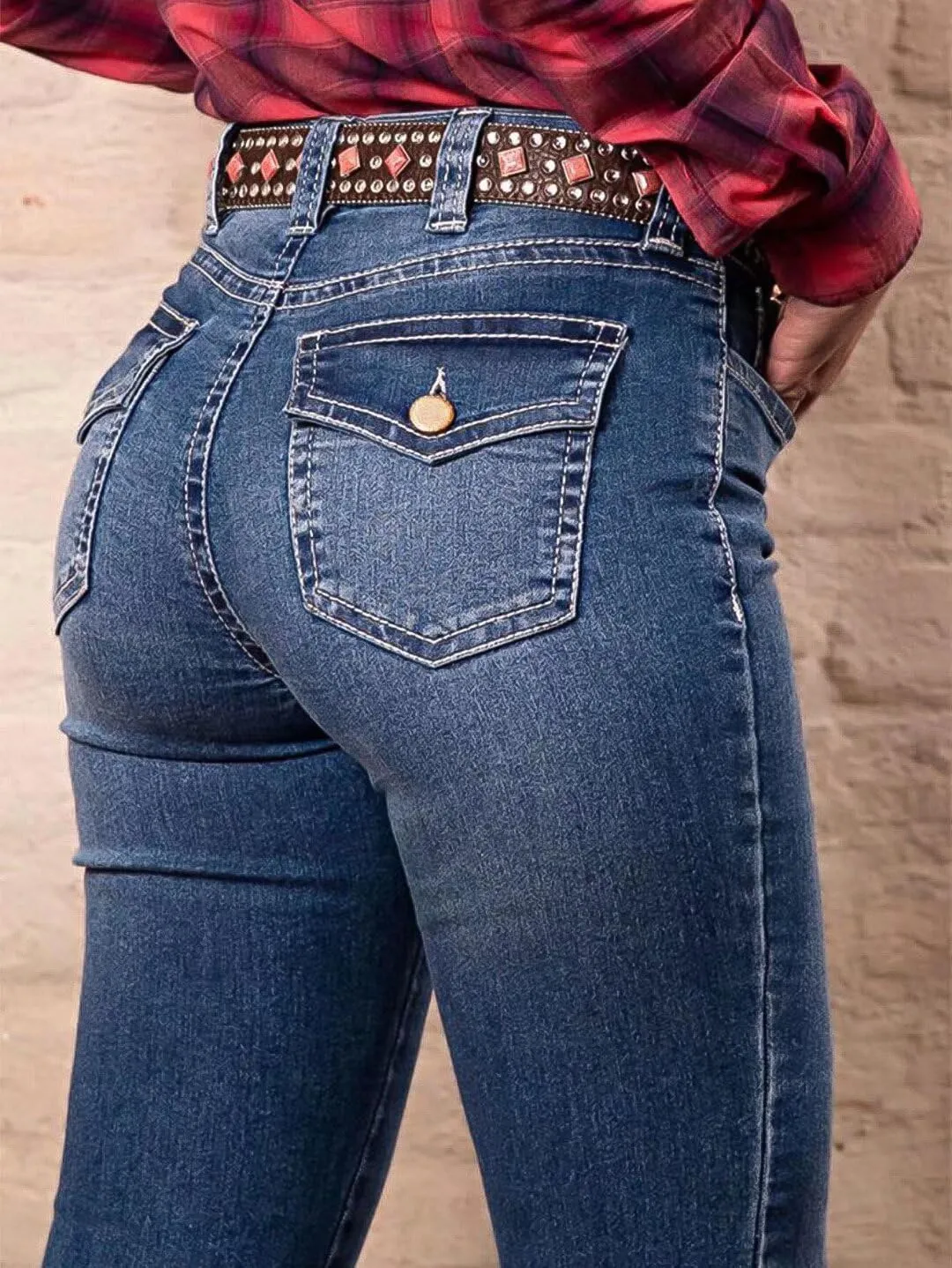 Flamingals Women's Buttoned Hem Bootcut Jeans Without Belt Mid Waist Casual Pants Navy Blue