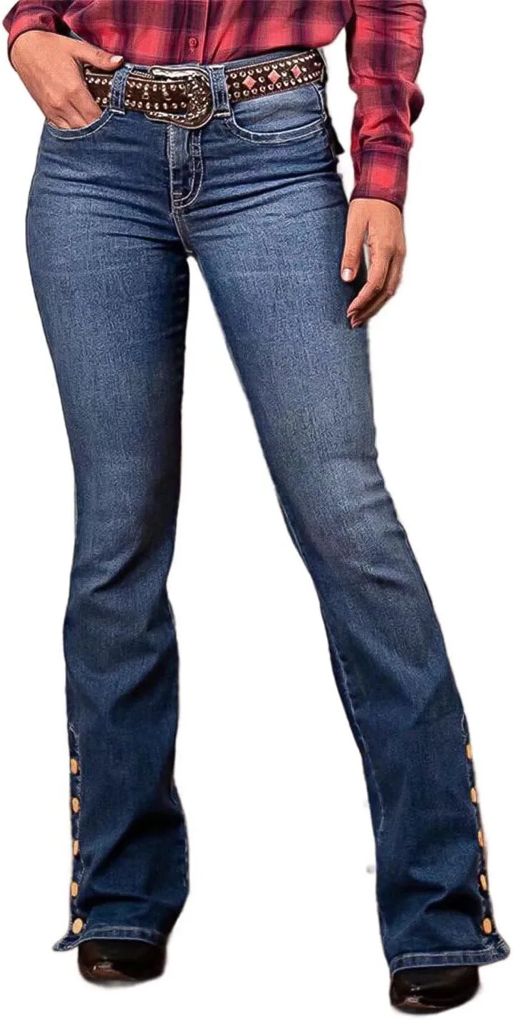 Flamingals Women's Buttoned Hem Bootcut Jeans Without Belt Mid Waist Casual Pants Navy Blue