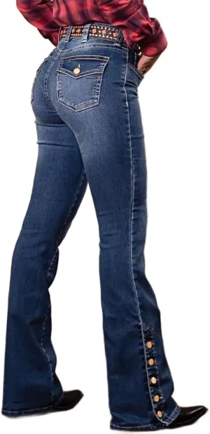 Flamingals Women's Buttoned Hem Bootcut Jeans Without Belt Mid Waist Casual Pants Navy Blue