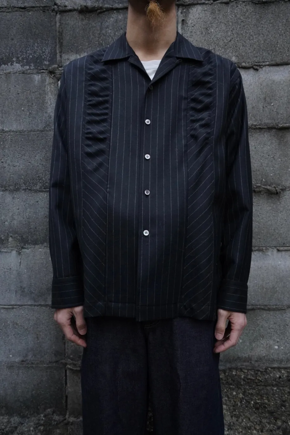Gather Stripe Open Collar Shirt (STRIPE)