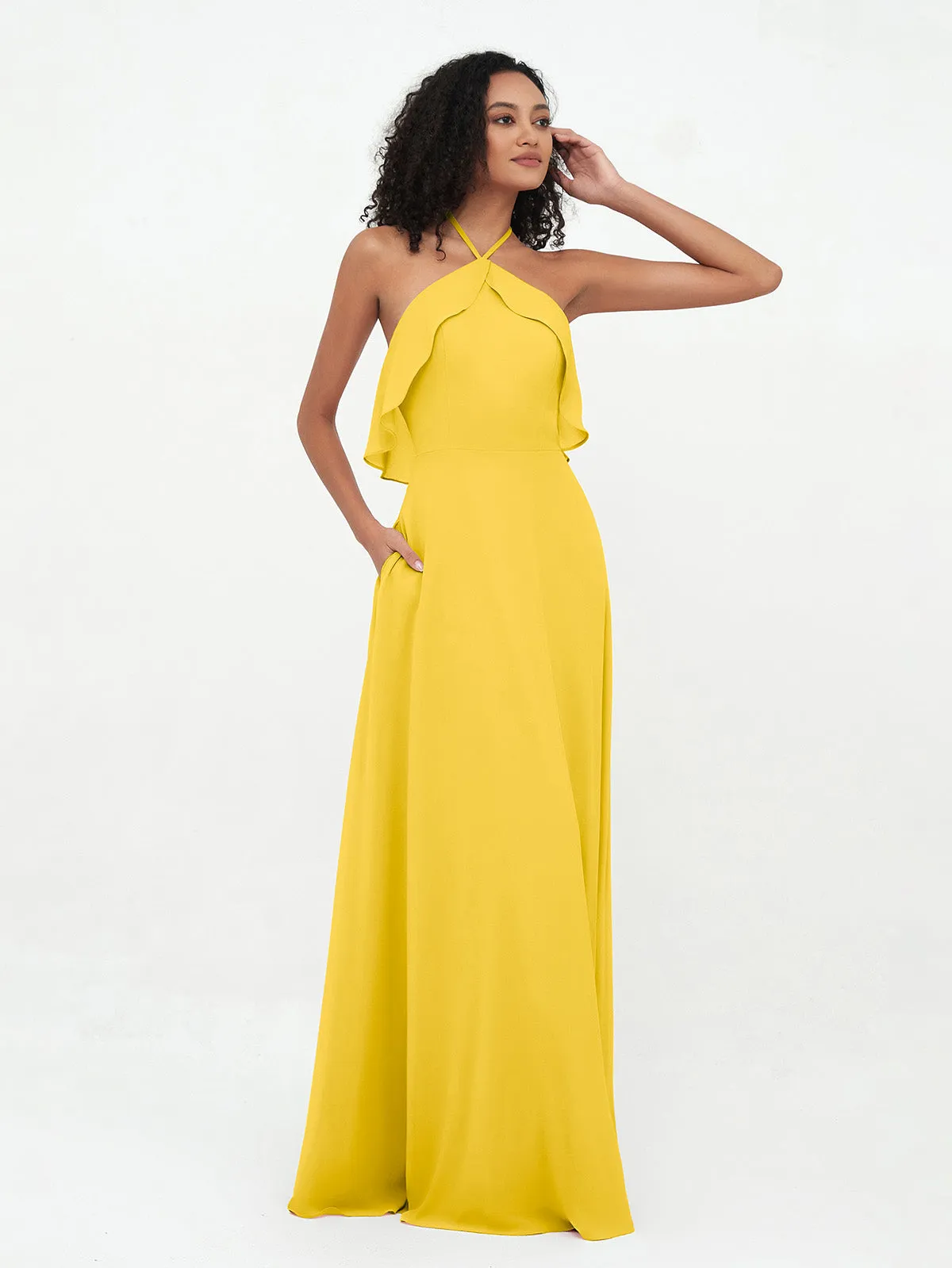 Halter Strap Chiffon Long Bridesmaid Dresses Marigold