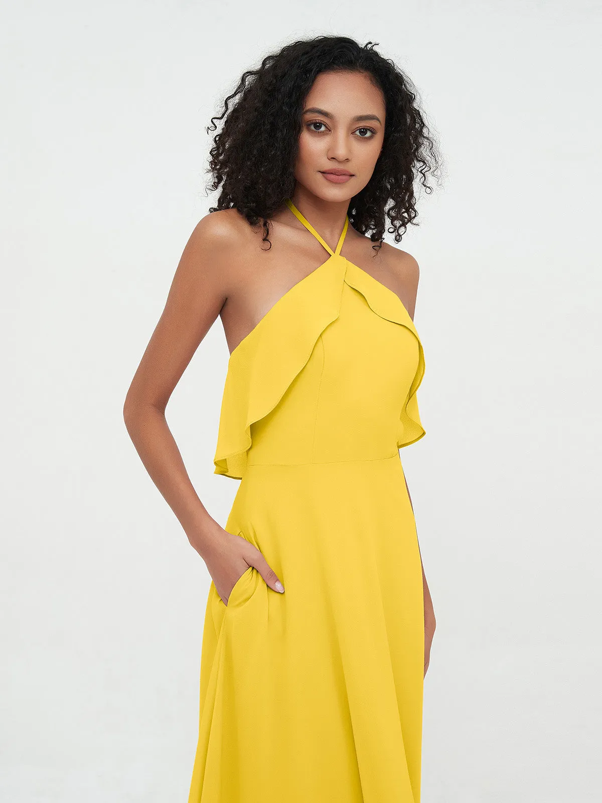 Halter Strap Chiffon Long Bridesmaid Dresses Marigold