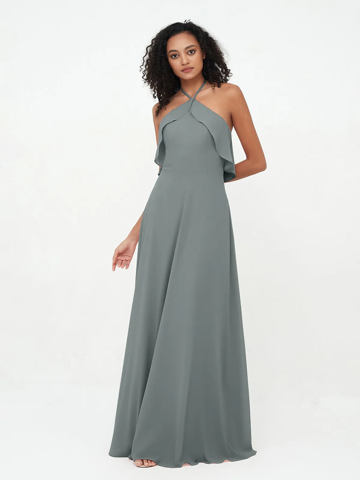 Halter Strap Chiffon Long Bridesmaid Dresses Steel Grey