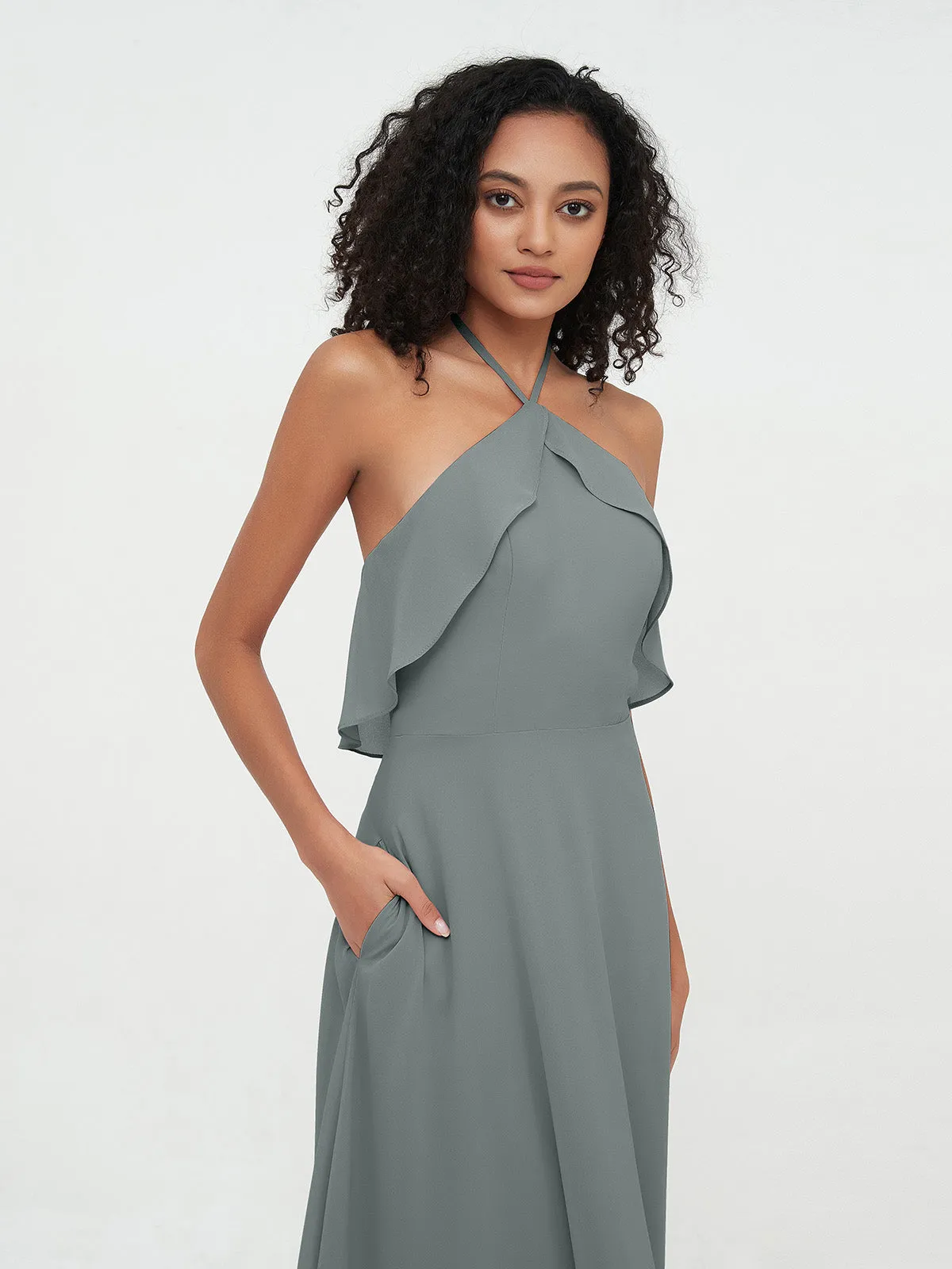 Halter Strap Chiffon Long Bridesmaid Dresses Steel Grey