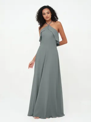 Halter Strap Chiffon Long Bridesmaid Dresses Steel Grey