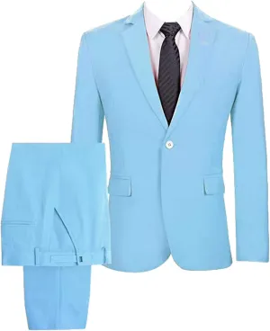 HBDesign Men Flat Collar Solid Color 1 Button 2 Piece Dress Suits (Jacket Pants)