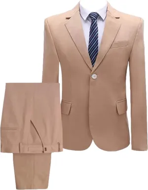 HBDesign Men Flat Collar Solid Color 1 Button 2 Piece Dress Suits (Jacket Pants)