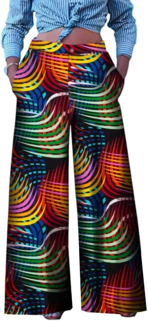 iooiooi Women's Fashion Casual Plus Size African Print Cotton Wide Leg Pants with Pockets