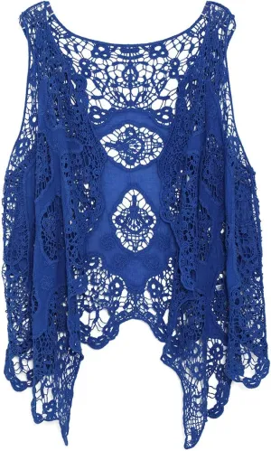 JASTIE Women Open Stitch Cardigan Boho Sleeveless Hippie Summer Hollow Out Solid Crochet Vest