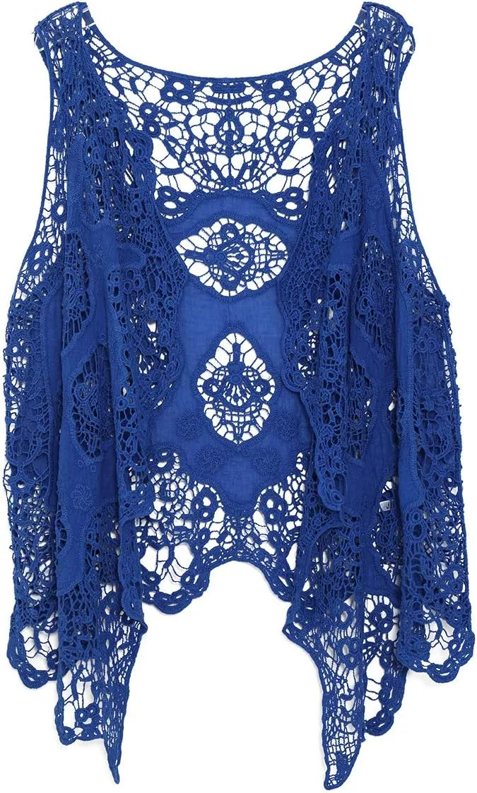 JASTIE Women Open Stitch Cardigan Boho Sleeveless Hippie Summer Hollow Out Solid Crochet Vest