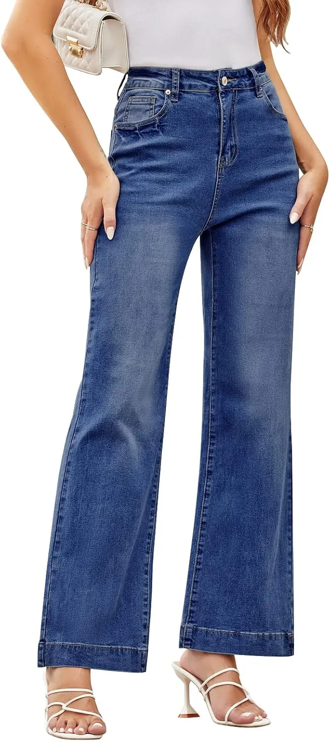 Koinshha Womens Flare Jeans High Waisted Wide Leg Baggy Stretch Boyfriend Denim Pants Trendy