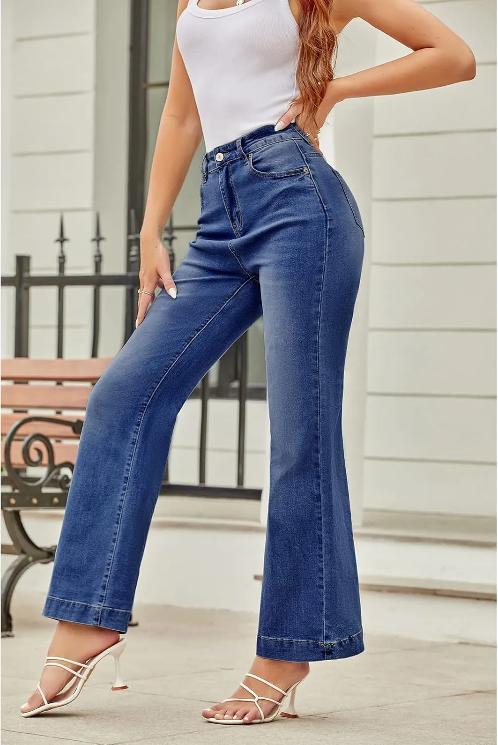 Koinshha Womens Flare Jeans High Waisted Wide Leg Baggy Stretch Boyfriend Denim Pants Trendy