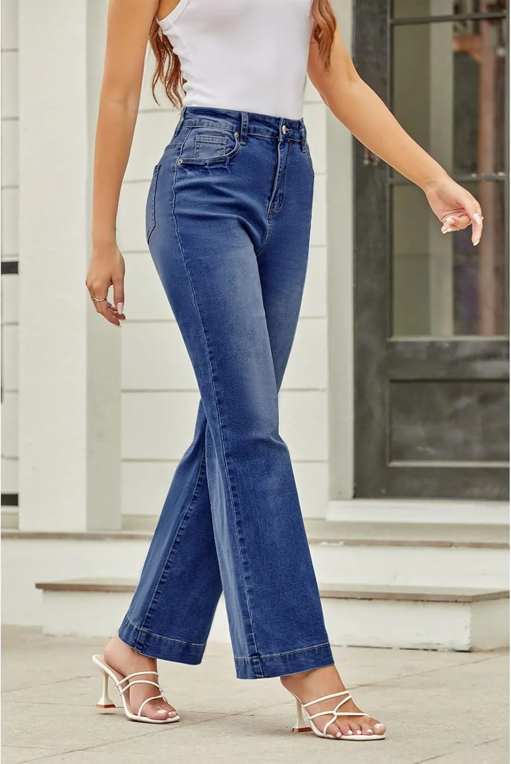 Koinshha Womens Flare Jeans High Waisted Wide Leg Baggy Stretch Boyfriend Denim Pants Trendy