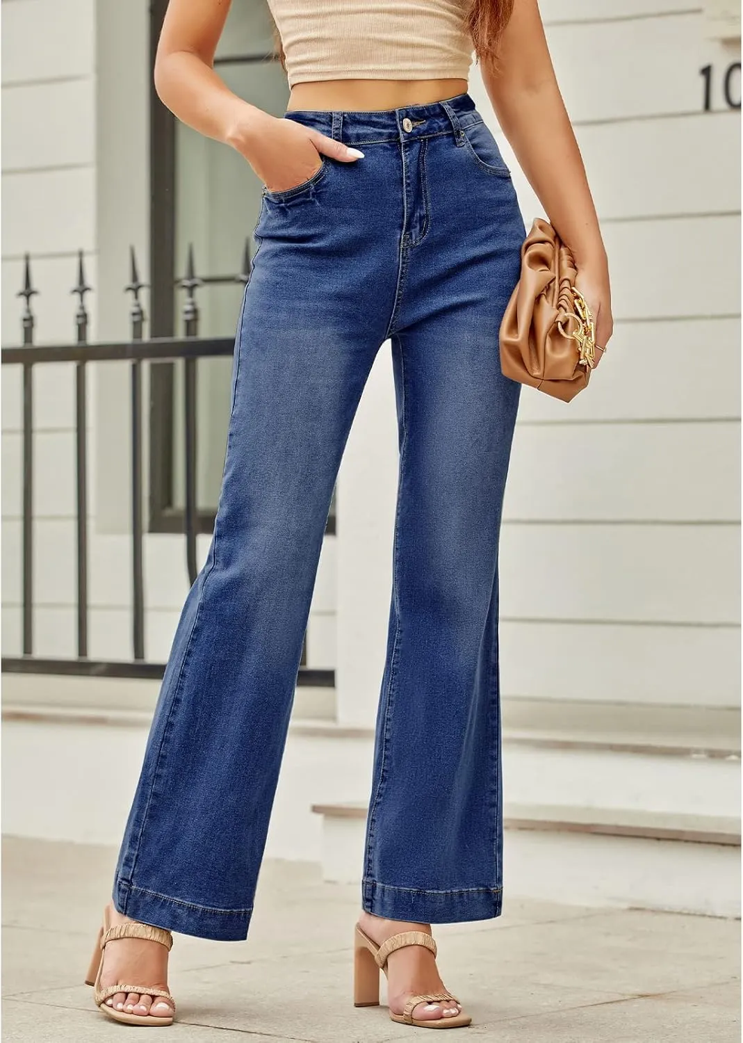 Koinshha Womens Flare Jeans High Waisted Wide Leg Baggy Stretch Boyfriend Denim Pants Trendy